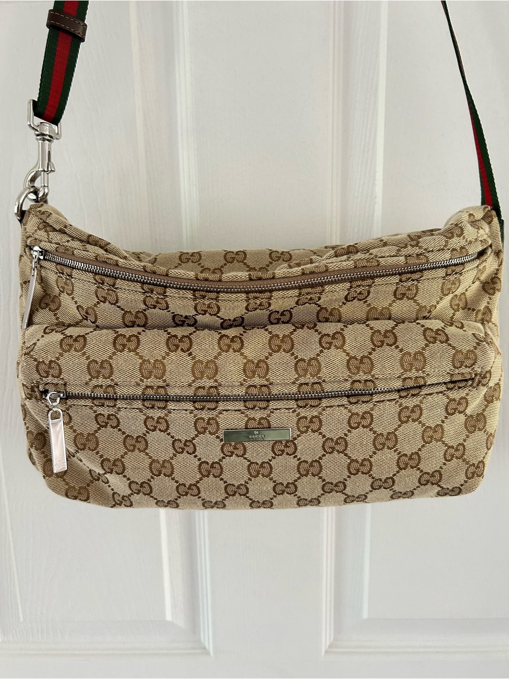 Gucci Beige Monogram Crossbody with Green and Red Web Strap